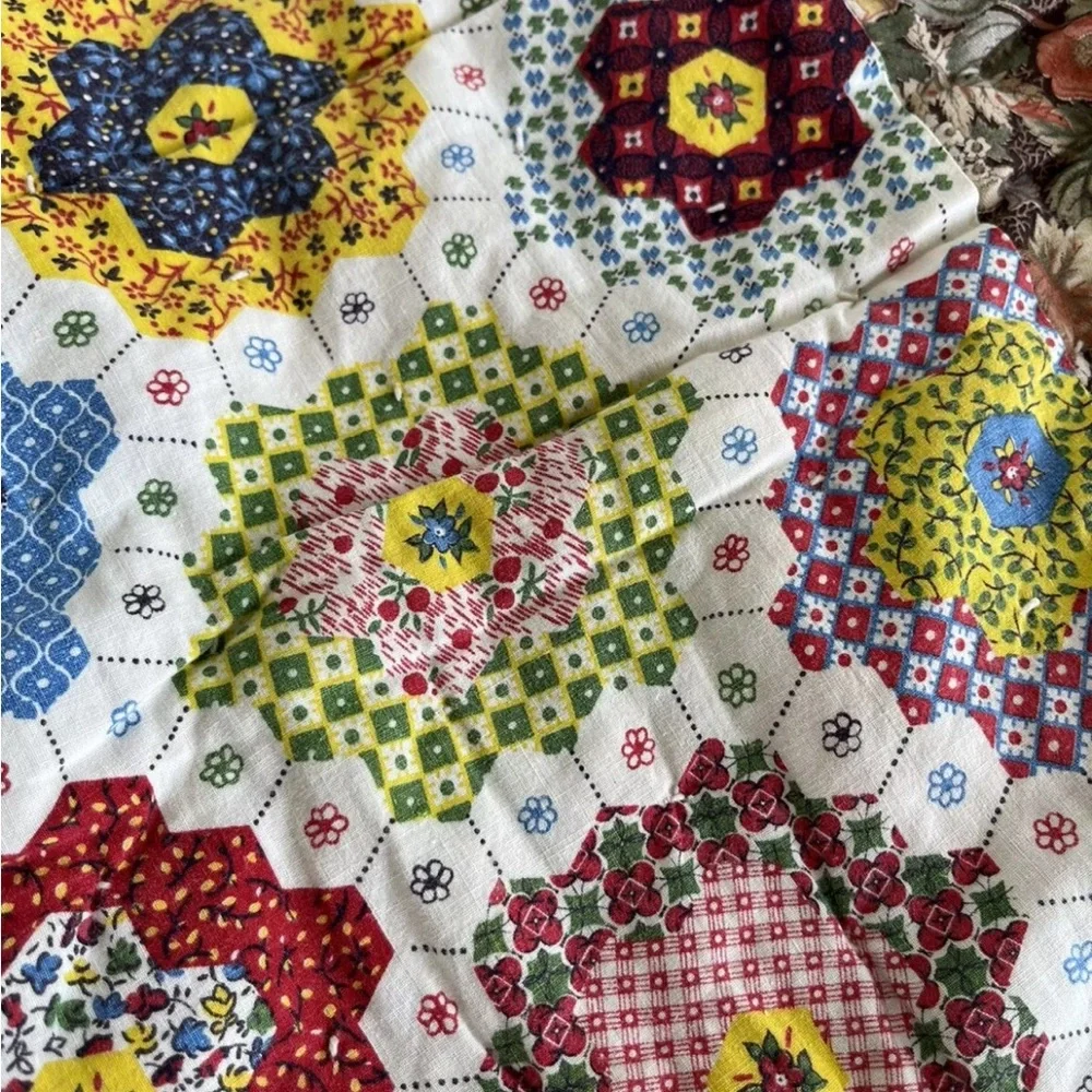 Patchwork Floral Quilt Throw Handmade Cotton Poly Red Black Blue Vintage 70s 80s